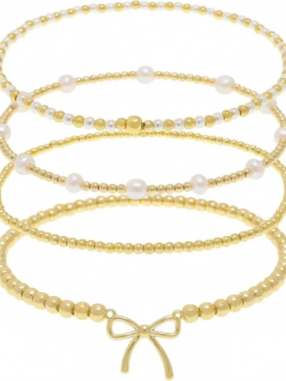 Gold Beaded Bow Heart Paperclip Pearl Stack Bracelet Set for Women, 4Pcs Handmad